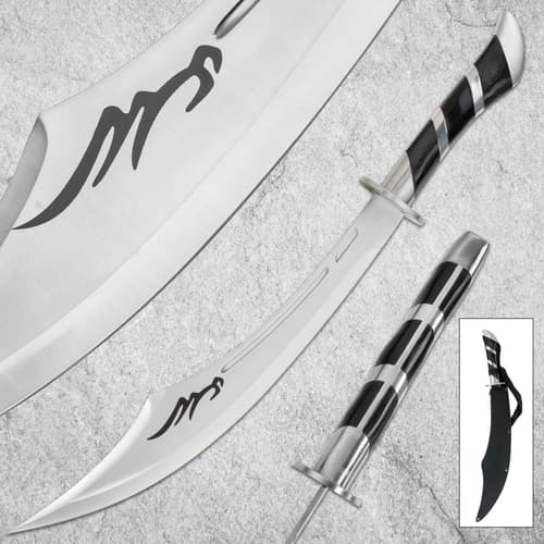 Close-up of scimitar with black handle and sheath