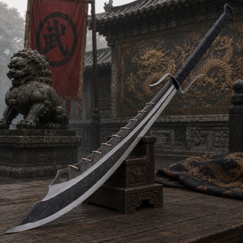 Sword on wooden stand with lion statue and temple background