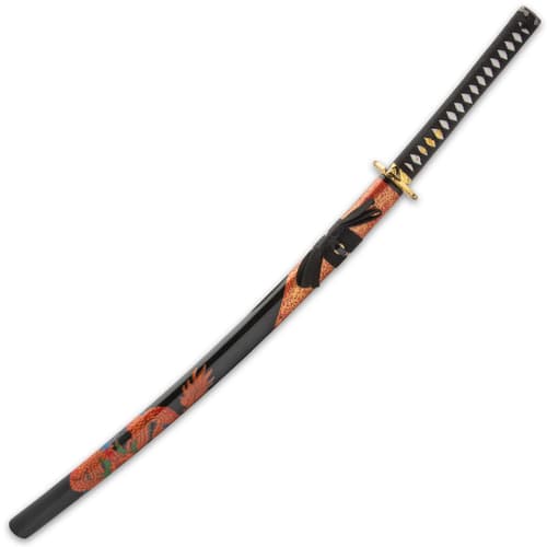 The 41” katana slides into a black lacquered wooden scabbard, accented with a red painted design and black cord-wrap