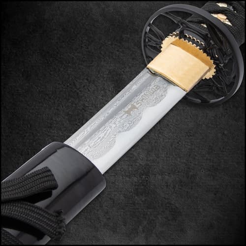 The 41 1/2” overall katana slides smoothly into a black lacquered scabbard, which has decorative, black cord-wrap