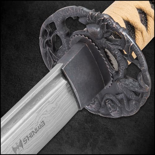 Shinwa Regal Makaku Wakizashi / Samurai Sword - Hand Forged Damascus Steel - Custom Cast Macaque Monkey Tree Tsuba  - Genuine Ray Skin; Hand Lacquered Saya - Fully Functional, Battle Ready, Full Tang