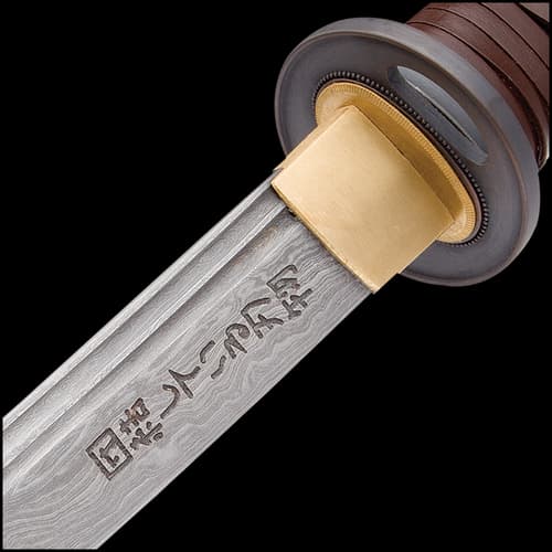 Shikoto Rurousha Handmade Katana / Samurai Sword - Hand Forged Damascus Steel; Engraved Kanji, Twin Fullers, Unique Genuine Leather Wrapping, Cast Tsuba - Functional, Battle Ready, Full Tang Tanto