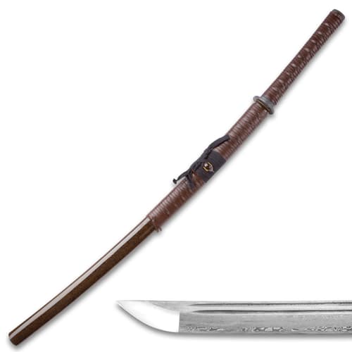 Shikoto Rurousha Handmade Katana / Samurai Sword - Hand Forged Damascus Steel; Engraved Kanji, Twin Fullers, Unique Genuine Leather Wrapping, Cast Tsuba - Functional, Battle Ready, Full Tang Tanto