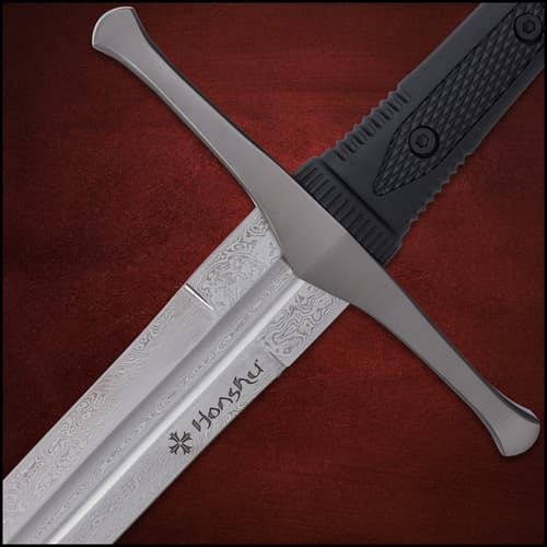 Single view of Honshu razor sharp damascus steel sword with black no slip tpr handle