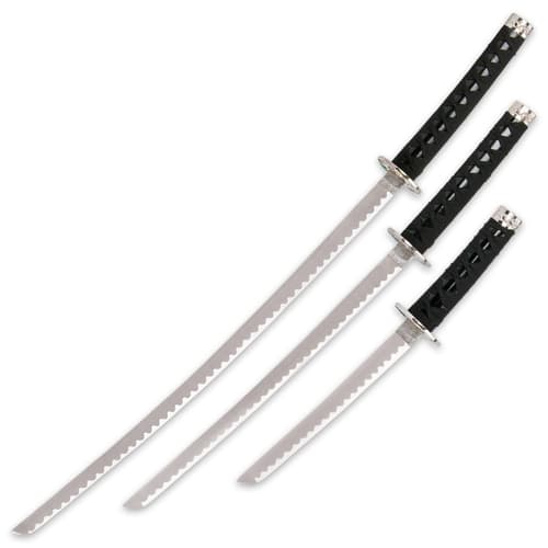 The katana, wakizashi, and tanto are laid side-by-side, all with matching cord-wrapped hilt.