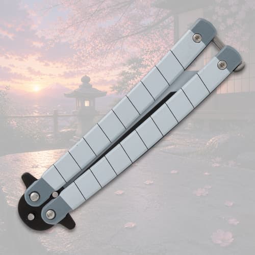 Closed butterfly knife with scenic background