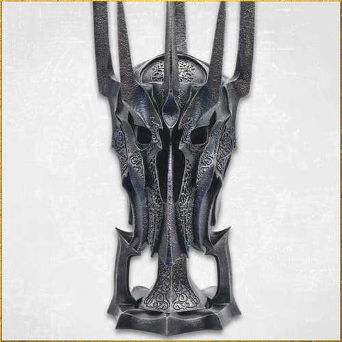 Front view of Sauron's detailed helmet