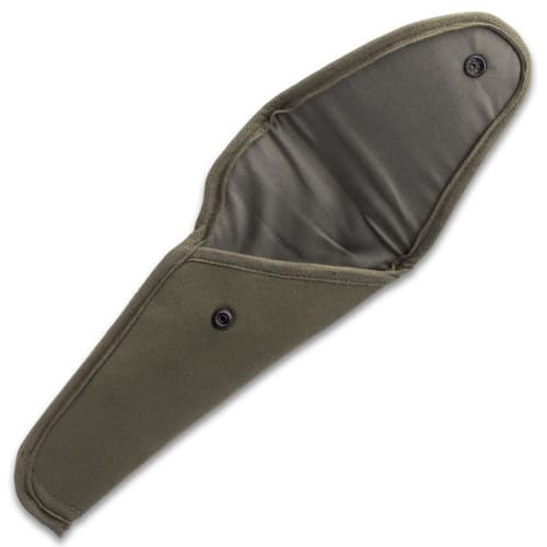 The 11 3/4” overall holster has an inside depth of 9”, has a top flap with a brass snap and a sturdy brass belt hanger