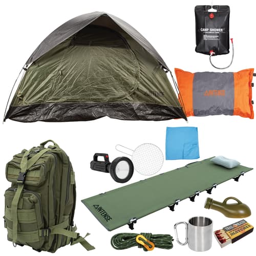 Camping gear set with tent, backpack, and essentials