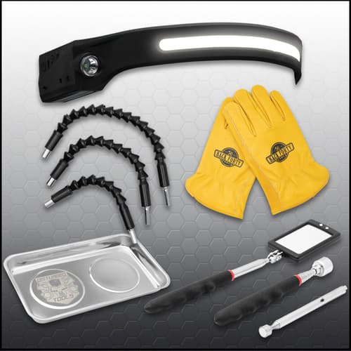 Tool set with gloves, flexible extensions, and magnetic tray