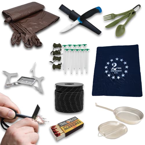 Collection of camping gear including knife, matches, and utensils