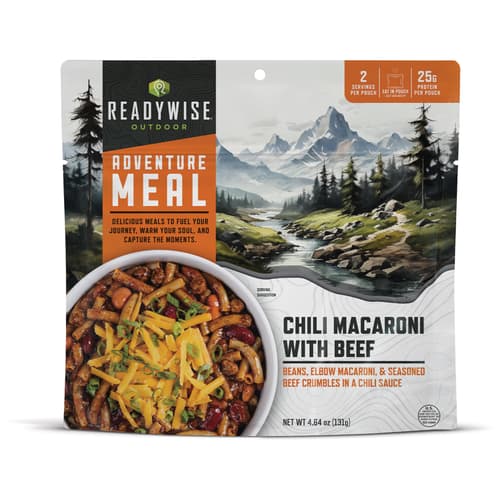 View of the chili mac in a bowl, the packaging and the nutrition information