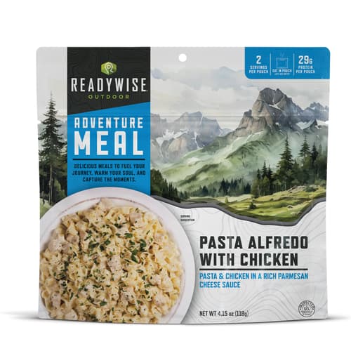 A view of the pasta alfredon in a bowl, in pouch and nutritional information