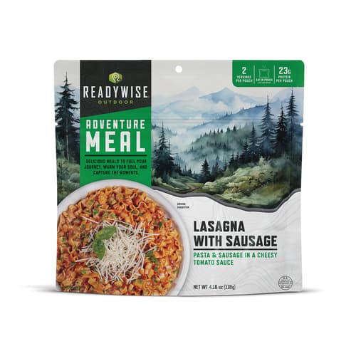 The lasagna shown served in bowl, in pouch and its nutritional values