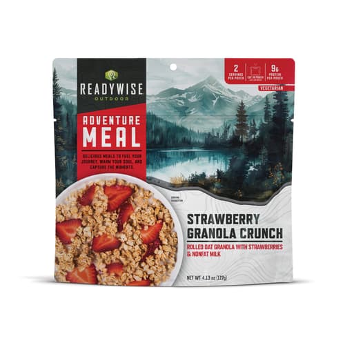 The granola shown served in a bowl, in a pouch and the nutrition information