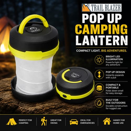 Pop-up camping lantern with bright LED light, compact and portable design