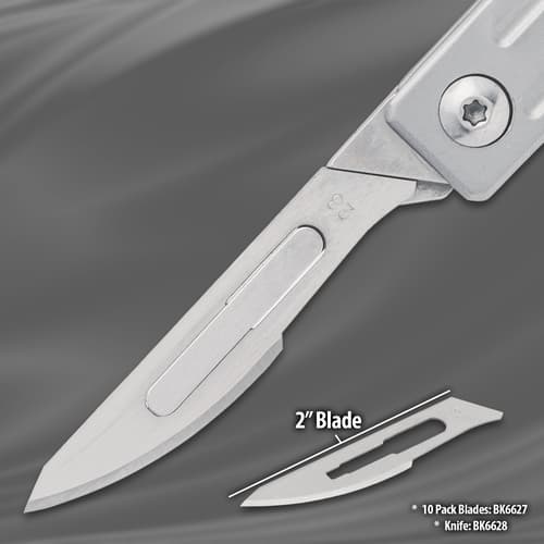 Close-up of a 2-inch scalpel blade with a diagram showing blade details