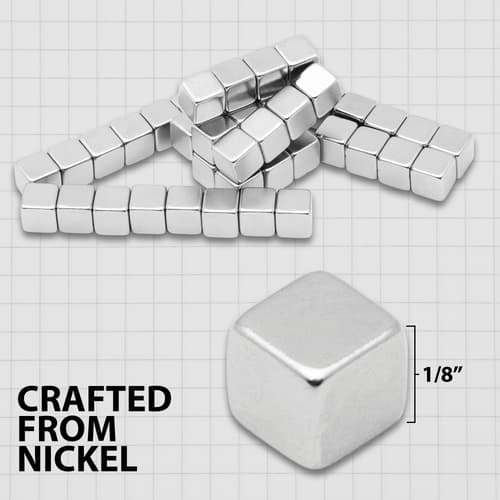 Nickel cubes stacked on grid paper with size and material details