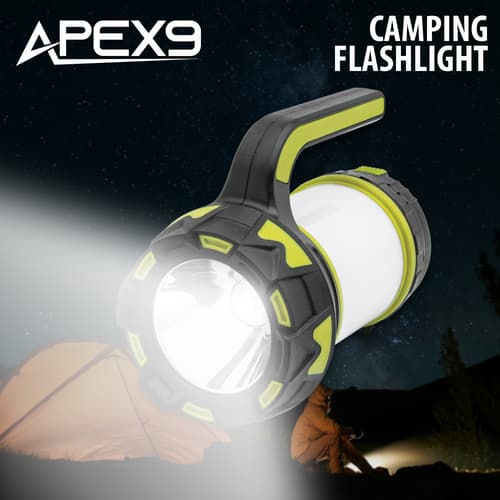 Apex9 camping flashlight illuminating a tent at night