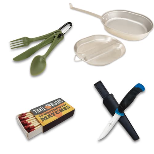 Camping utensils, matches, knife, and cookware set