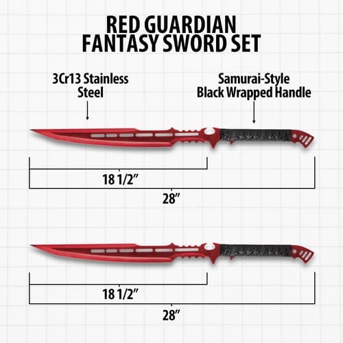 Diagram of Red Guardian fantasy sword set with dimensions and materials