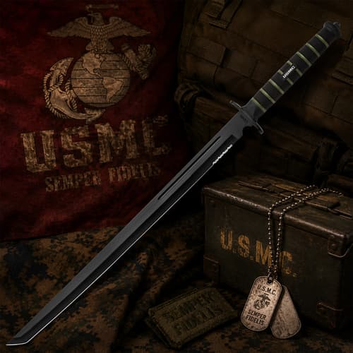 USMC sword with dog tags and military gear