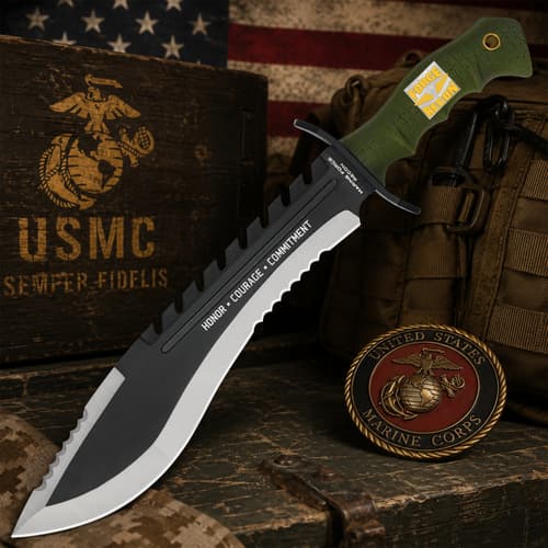 USMC knife with 'Honor, Courage, Commitment' on a wooden box