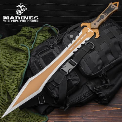 Tactical sword on black backpack with green netting