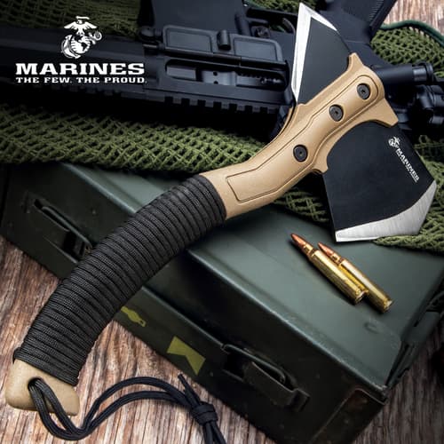 USMC field axe with paracord handle on military equipment