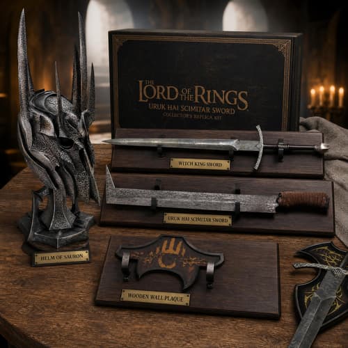 Lord of the Rings Witch King sword kit with dimensions and accessories displayed