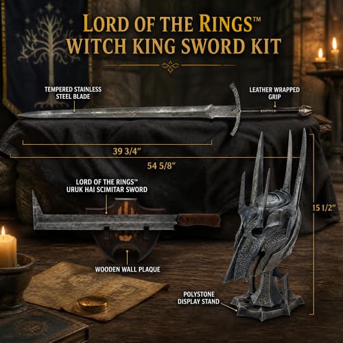 Lord of the Rings Witch King sword kit with dimensions and accessories displayed