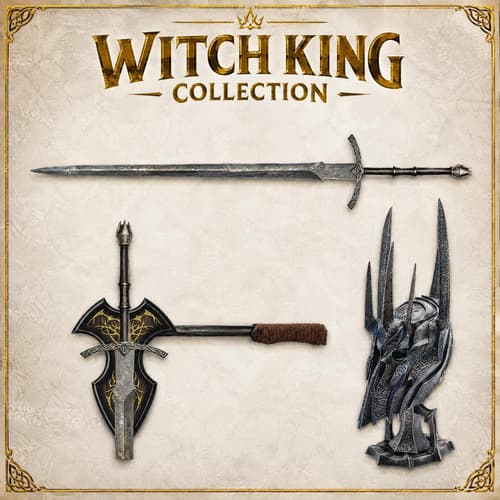 Lord of the Rings Witch King sword kit with dimensions and accessories displayed