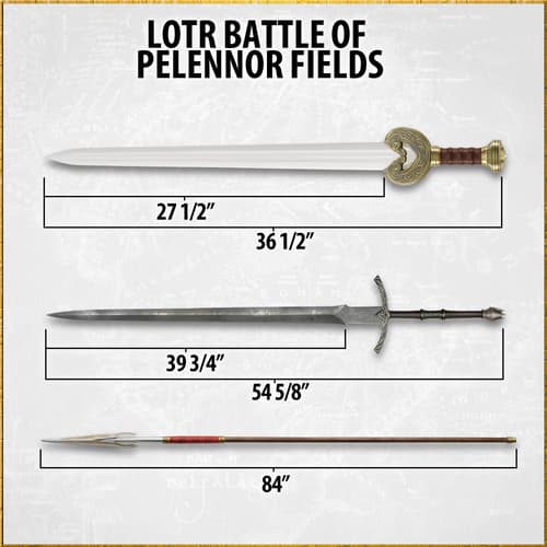 Dimensions of three LOTR weapons: sword, spear, and blade