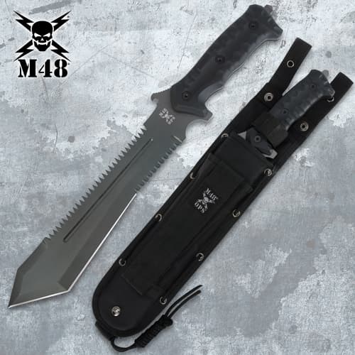 Serrated tactical knife with sheath on a textured background