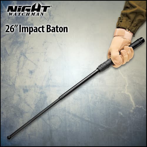 Gloved hand holding a 26-inch black impact baton