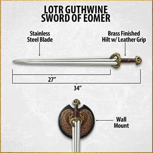 Diagram of LOTR Guthwine Sword of Eomer with dimensions and wall mount