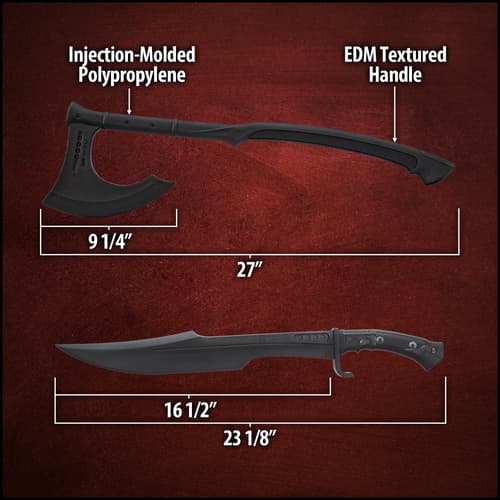 Details and features of the Training Spartan Sword and Training Batlle Axe included in the Tactical Arsenal Bundle.