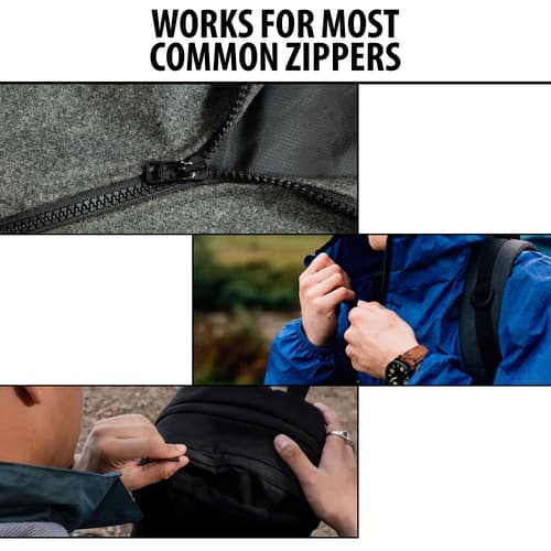 Multiple images showing that the Zipper Repair Set works for most common zippers.