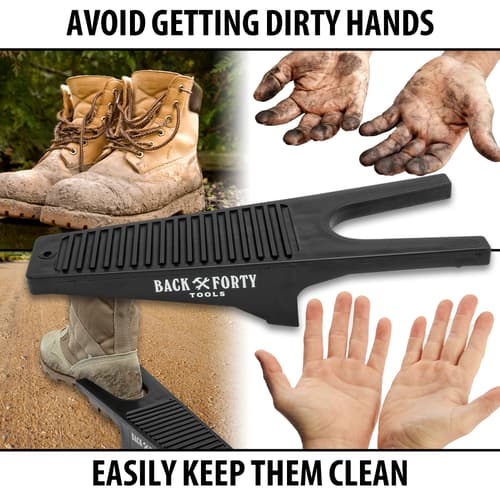 Images showing what the Boot Jack is great for keeping your hands clean.