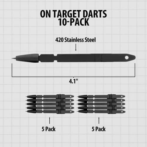 On Target dart diagram labeling 420 stainless steel and 4.1-inch length, with two five-dart bundles below