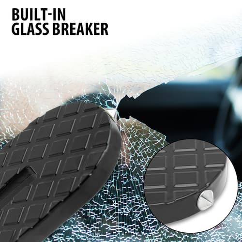 Full image and close up image of the Door Step's built-in glass breaker.