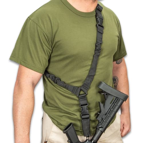 M48 Tactical Gun Sling - Nylon Webbing And Elastic Bungee, ABS Quick-Release Buckles, Metal Clip, Adjustable To Fit - Black