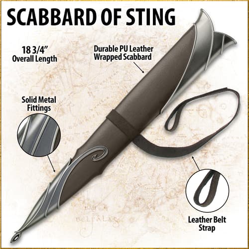Sting scabbard feature diagram labeling its 18.75-inch length, PU leather wrap, solid metal fittings and leather belt strap