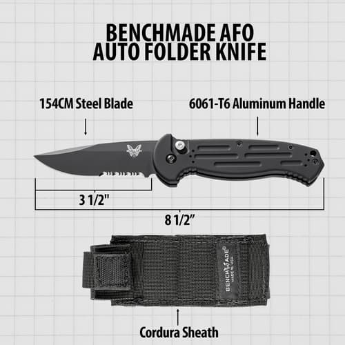Benchmade AFO Auto Folder Knife with sheath and dimensions