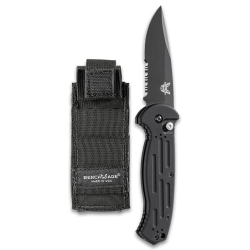 Full image of Auto Folder Knife open with the Cordura sheath.the