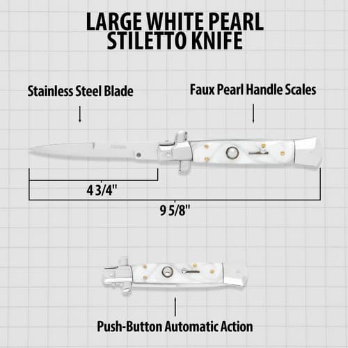 Diagram of large white pearl stiletto knife with dimensions