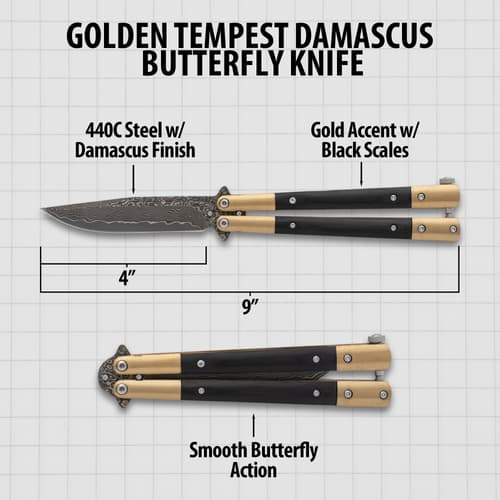 Diagram of Golden Tempest Damascus butterfly knife with measurements