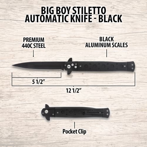 Diagram of black stiletto knife with dimensions