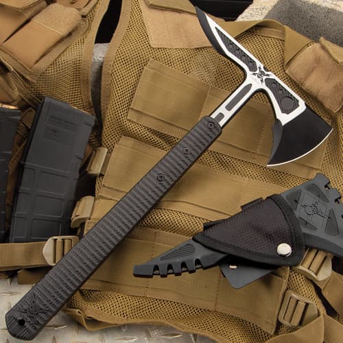 M48 Liberator Infantry Tomahawk With Sheath - Cast Stainless Steel Head, Black Oxide Coating, Injection Molded Nylon Handle - Length 15 3/4”