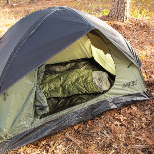 Intense Two-Person Dome Tent - OD, Door Awning, Rainfly, Rip-Resistant Polyester Shell, Fiberglass Pole Frame, Carry Bag - Dimensions 7'x 5'x 4'